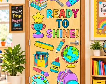 Ready to Shine Classroom Door Decor, Back to School Banner Printable, Teacher Bulletin Board Kit, Student Welcome School Decoration Digital