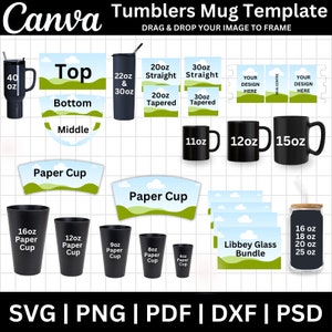 Bechervorlage Canva bearbeitbares Bundle, Papierbecher-Wrapper Svg PSD, 20-Unzen-, 30-Unzen- und 40-Unzen-Bechervorlage, Bechervorlage, Libbey-Glasvorlage