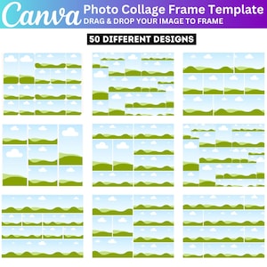 May include: A Canva photo collage frame template with 50 different designs. The template features various layouts with landscape and sky backgrounds, with green hills and white clouds. The Canva logo is in the upper left corner.