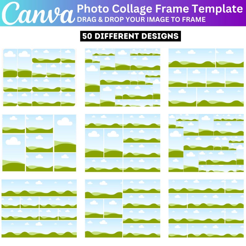 May include: A Canva photo collage frame template with 50 different designs. The template features various layouts with landscape and sky backgrounds, with green hills and white clouds. The Canva logo is in the upper left corner.