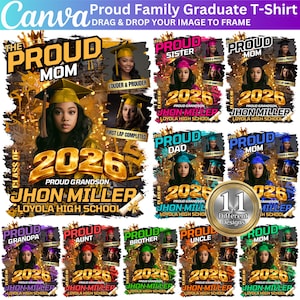 May include: A collection of graduation-themed t-shirt designs. Each design features a portrait of a graduate, the year 2026, and the text "Proud Grandson" or other family titles. The shirts are decorated with gold and colorful accents.