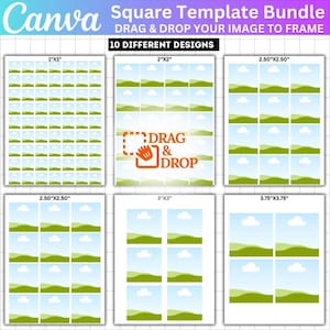 Könnte beinhalten: Ein Canva-Quadratvorlagen-Bundle mit 10 verschiedenen Designs. Das Bild zeigt verschiedene quadratische Vorlagen in verschiedenen Größen, darunter 2,5 cm x 2,5 cm, 5 cm x 5 cm, 6,35 cm x 6,35 cm, 7,6 cm x 7,6 cm und 9,5 cm x 9,5 cm. Der Text "DRAG & DROP YOUR IMAGE TO FRAME" ist ebenfalls sichtbar.