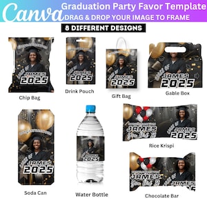 8X Black Graduation Party Favor Canva Editable Template, Grad Treat Bag Designs Bundle, Custom Water Labels, Chip Bag, Gable Box, Wrapper