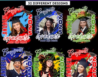 May include: A Canva template for graduation shirts. The design features six different shirt designs with photos of graduates, the word "Graduate", the name "Andrew", and the year "2025". The shirts also say "Texas High School" and "Congrats!".