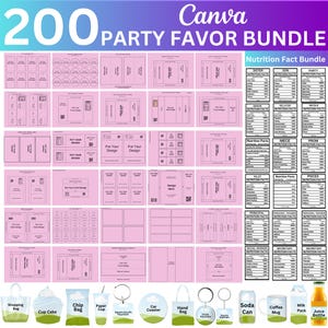 以下が含まれることがあります： ピンク色のCanva Party Favor Bundleグラフィック。大きな青い数字で200と表示されています。画像には、さまざまなパーティーの記念品のデザイン、栄養成分表示ラベル、バッグやカップなどのパーティーの記念品アイテムのイラストが含まれています。