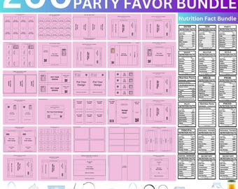 Könnte beinhalten: Ein rosa Canva Party Favor Bundle-Grafik mit der Zahl 200 in großen blauen Zahlen. Das Bild enthält verschiedene Party-Gefälligkeitsdesigns, Nährwertetiketten und Illustrationen von Party-Gefälligkeitsartikeln wie Taschen und Bechern.