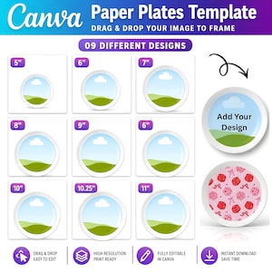 09 Plantillas de Canva para platos de papel, paquete de plantillas editables para platos base, plantilla para recuerdos de fiesta, plato de cocina, plantilla circular para plato base.