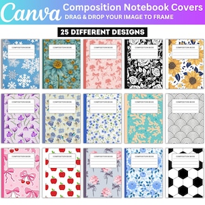 May include: Collection of composition notebooks with various cover designs. Designs include snowflakes, sunflowers, floral patterns, bows, and geometric shapes. Each notebook features a white label for the title and the words "Composition Book".