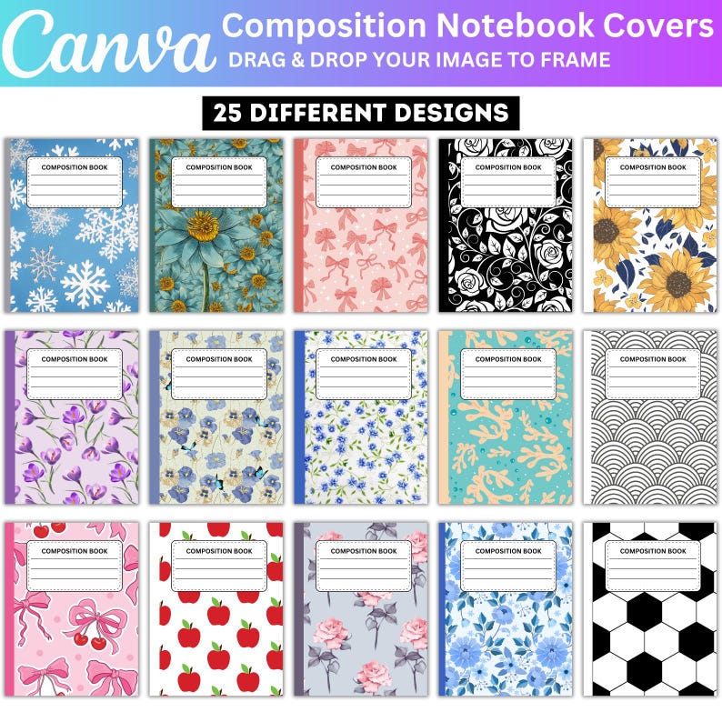 May include: Collection of composition notebooks with various cover designs. Designs include snowflakes, sunflowers, floral patterns, bows, and geometric shapes. Each notebook features a white label for the title and the words "Composition Book".