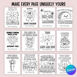 May include: A collection of twelve black and white coloring pages with various designs and phrases. The pages include images of a flower, a donut, a taco, a coffee cup, and more. Each page has a unique message, such as "Bloom!" and "Super Teacher!"