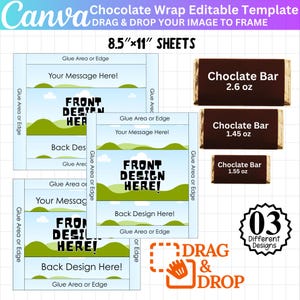 May include: A digital template for chocolate bar wrappers, with editable sections for messages and designs. Includes three different design options and is sized for 21.6 cm x 28 cm sheets. The image also shows chocolate bars with weights of 74 g, 41 g, and 44 g.
