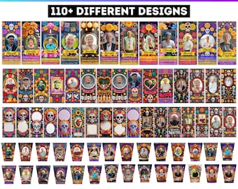 May include: A selection of cylinder candle label templates with Day of the Dead themes. The labels feature portraits, skulls, and floral designs. The text on the labels reads "110+ DIFFERENT DESIGNS" and "DRAG & DROP YOUR IMAGE TO FRAME".