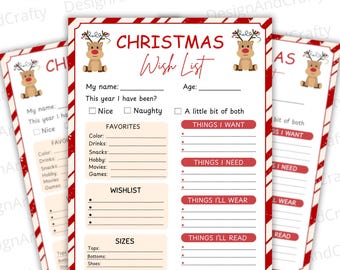 Op de afbeelding: Kerst wensenlijst sjabloon met een rood-witte gestreepte rand. De sjabloon bevat secties voor favorieten, een verlanglijst en maten. De tekst "Christmas Wish List" wordt bovenaan weergegeven, samen met een rendierafbeelding.