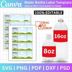 8 oz, modèle de bouteille d'eau de 16 oz, modèle d'étiquette de bouteille d'eau, modèle d'étiquette de bricolage, modèles modifiables toile, modèle vierge de bouteille d'eau