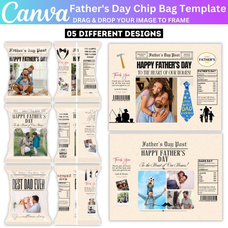 05 Father’s Day Chip Bag Canva Editable Bundle, Father Day Canva Template, Party Favors Chip Bag Label, Personalized Party Chip Bag Digital