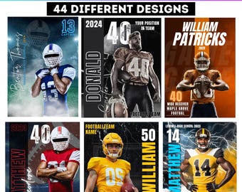 May include: A set of 6 customizable football poster templates. Each template features a different design with a football player in a pose, a number, and text for the player's name, position, and team. The templates are designed for use with Canva.