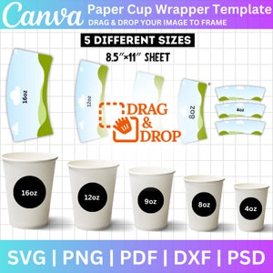 Paper Cup Wrapper Template Bundle, Paper Cup Template Svg Png, Canva bewerkbaar, 4oz- 8oz- 9oz- 12oz- 16oz Paper Cup Lege Koffie Cup Wrapper
