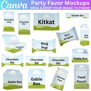 16 Party Favors Canva Editable Template Bundle,  Chocolate Bar, Chip Bag, Party Favor Mockups, Water Bottle Label, Gable Box, Party Favor