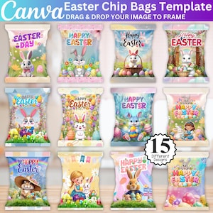 May include: A template for Easter chip bags with 15 different designs. Each bag features a colorful design with Easter bunnies, eggs, and the words "Happy Easter" or "Easter Day". The Canva logo is in the top left corner.