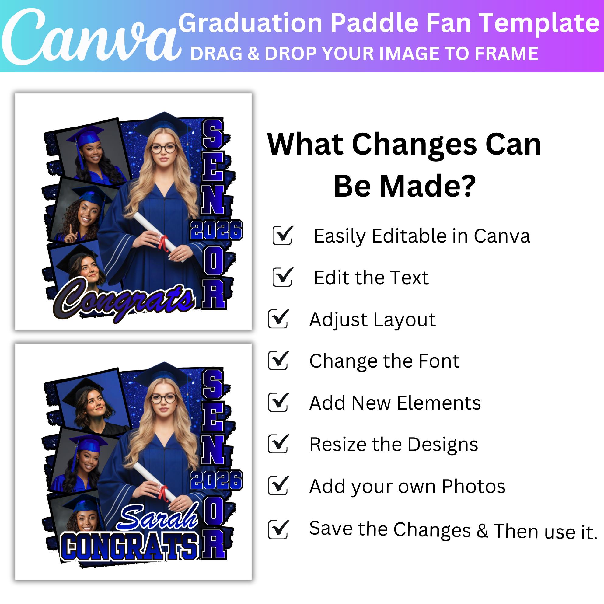 Blue Grad Fan Canva Editable Template, Custom Graduation Paddle Fan ...