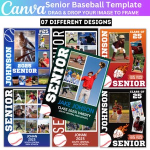 Puede incluir: Plantillas de Canva para béisbol senior, con varios diseños de jugadores de béisbol, pelotas de béisbol y los textos "Senior" y "Class of 25". Las plantillas incluyen espacio para fotos y nombres.