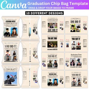 Graduation newspaper Chip Bag Canva Editable Template, Grad Party Favor Chip Bag, Congrats Grad 2025 Template Design, graduation newspaper
