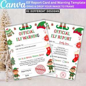 Pode incluir: Dois modelos de Cartão de Relatório e Aviso de Elfo com tema natalino. Os modelos apresentam gráficos festivos, incluindo sapatos de elfo, árvores de Natal e caixas de presente. O texto inclui "Official Elf Warning" e "Official Elf Report".