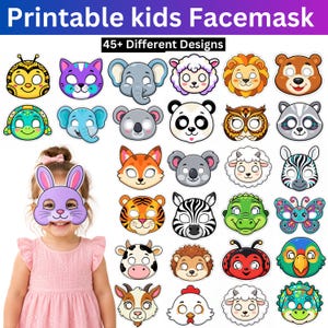 May include: A collection of printable kids facemasks featuring 45+ different animal designs including a bee, cat, elephant, sheep, lion, bear, turtle, koala, panda, owl, raccoon, fox, tiger, zebra, crocodile, butterfly, cow, hedgehog, ladybug, bird, and rabbit.