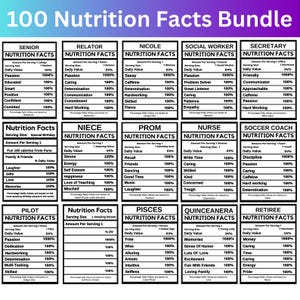 May include: A colorful infographic titled "100 Nutrition Facts Bundle" with various categories like "Senior," "Relator," and "Nurse." Each section lists personality traits with percentage values, such as "Passion" and "Caring."