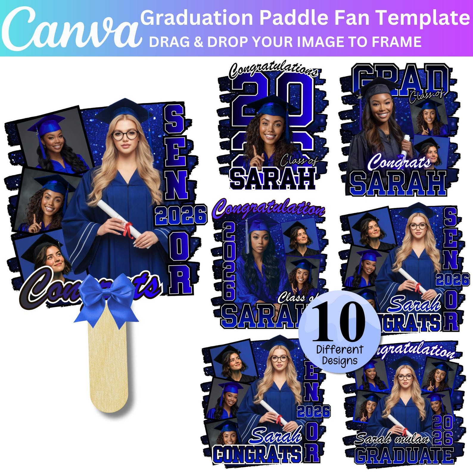 Blue Grad Fan Canva Editable Template, Custom Graduation Paddle Fan ...