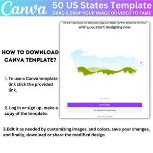 May include: A Canva template for creating a map of the 50 US states. The template features a green and blue map with a red dot in the center. The text "50 US States Template" is at the top of the image. The text "Drag & Drop Your Image or Video to Fame" is below the title. The text "Edit Template" is on a purple button. The text "Use template for new design" is below the button. The text "Designed with Canva" is below the previous text.