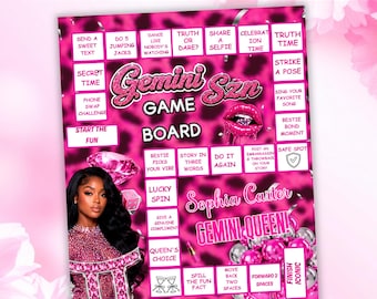 Juego de mesa de cumpleaños Gemini SZN, juego de cumpleaños con estampado de guepardo editable en Canva, actividad de cumpleaños astrológica, tablero para beber Gemini SZN, digital