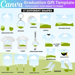 Pacchetto di mockup di set regalo di laurea Canva, mockup di laurea Canva per sublimazione, Canva modificabile, maglietta con cappello e stola da laurea, inserisci il tuo design