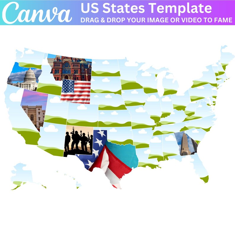 Op de afbeelding: Een kaart van de Verenigde Staten met elke staat die wordt weergegeven door een ander beeld. De afbeeldingen omvatten het Amerikaanse Capitool, een gebouw van rode baksteen, een Amerikaanse vlag, een gebouw met witte kolommen, een groep soldaten, een Amerikaanse vlag met een blauwe en turquoise achtergrond en een hoog gebouw.