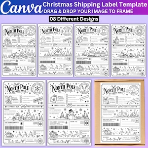 Puede incluir: Un conjunto de ocho plantillas de etiquetas de envío navideñas en blanco y negro tituladas North Pole Express Mail. Cada etiqueta presenta ilustraciones festivas como renos, Santa Claus y escenas invernales con campos vacíos para datos.