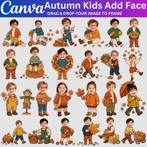 May include: A digital collection of twenty-four illustrated children with customizable faces in autumn-themed outfits, featuring pumpkins, fall leaves, sunflowers, and seasonal accessories like wagons, scooters, and lanterns on a light gray background.
