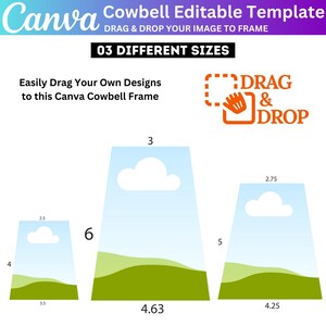 Może przedstawiać: Grafika szablonu edytowalnego Canva cowbell z tekstem "DRAG & DROP YOUR IMAGE TO FRAME". Obraz przedstawia trzy r&oacute;żne rozmiary szablon&oacute;w dzwonk&oacute;w z wymiarami w cm. Obecny jest r&oacute;wnież tekst "03 DIFFERENT SIZES".