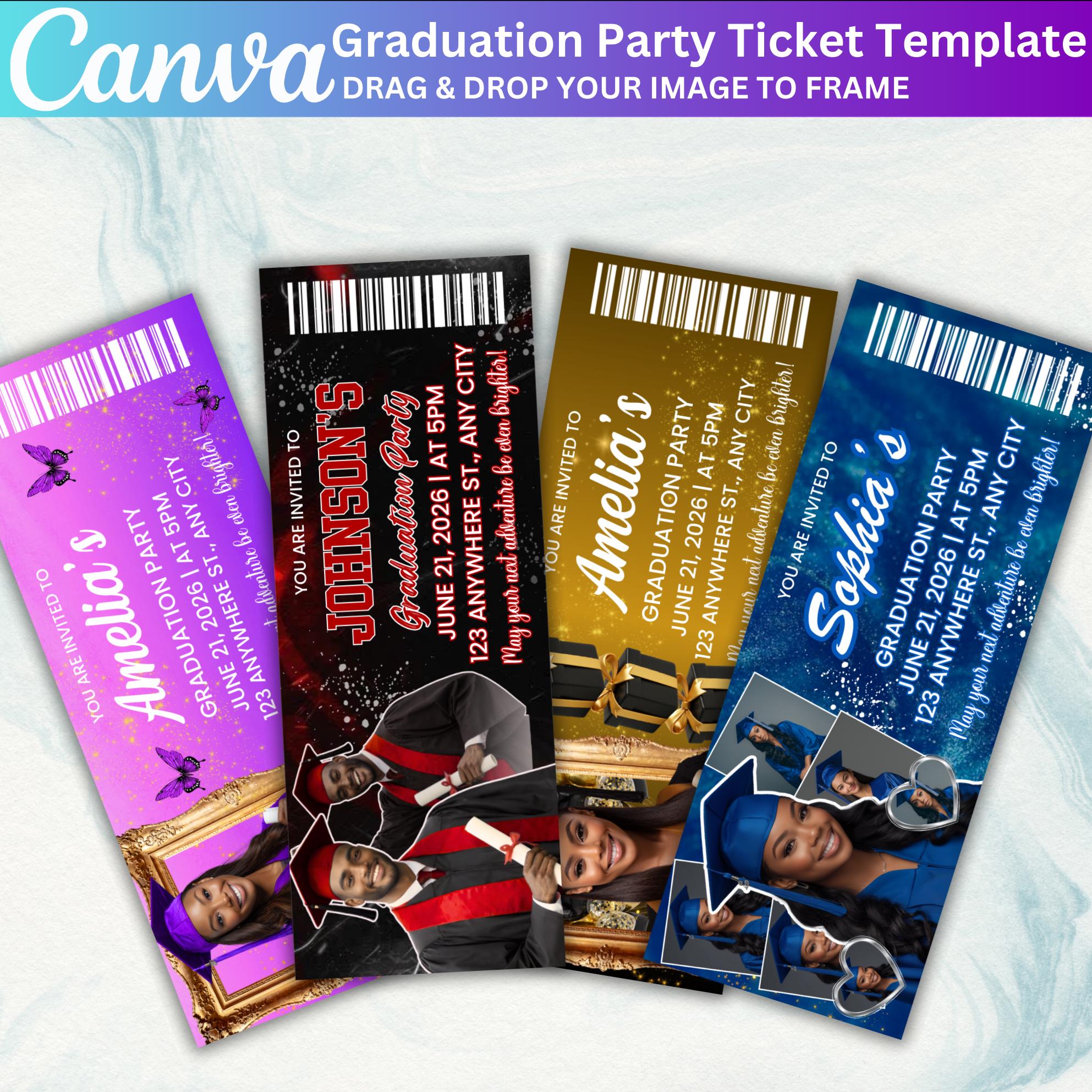 10 Graduation Party Ticket Template Bundle, Editable Canva Graduation ...