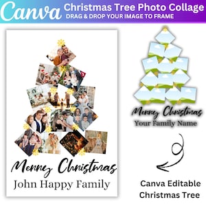 Weihnachten Stammbaum Karte Canva Vorlage, Weihnachtsbaum Fotocollage, Weihnachtsfeiertagskarte Fotocollage, moderne minimalistische Karte