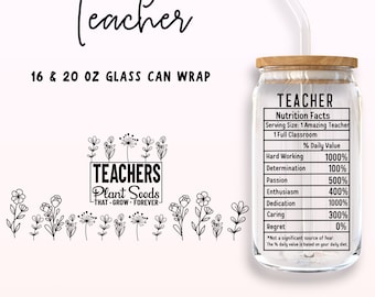 Może przedstawiać: Czarno-biały projekt graficzny opakowania na szklaną puszkę z tekstem "Teacher" i "Nutrition Facts" z listą cech nauczyciela i ich wartości procentowej dziennej. Grafika zawiera również czarno-białą ilustrację ogrodu kwiatowego z tekstem "Teachers Plant Seeds That Grow Forever".
