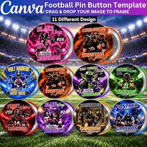 Pode incluir: Um modelo digital para botões de futebol com 11 designs circulares contendo vários nomes de equipas, números de jogadores e nomes. Os gráficos incluem jogadores de futebol em ação, fundos de estádios e temas de cores vibrantes como rosa, laranja, azul e verde.
