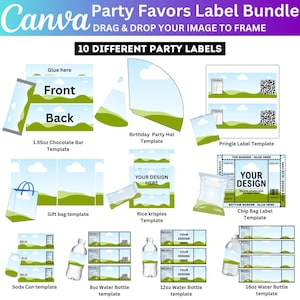 Può includere: Grafica Canva di un pacchetto di etichette per bomboniere con 10 diversi modelli di etichette. I modelli includono etichette per barrette di cioccolato, cappelli da festa, Pringles, sacchetti regalo, Rice Krispies, lattine di soda e bottiglie d'acqua.