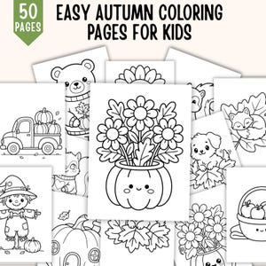 May include: A collection of 50 coloring pages for kids featuring autumn themes. The black and white line art includes a pumpkin truck, a scarecrow, a fox, a puppy, and flowers in a pumpkin vase with the text 50 EASY AUTUMN COLORING PAGES FOR KIDS.