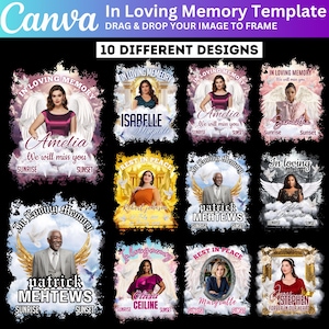 May include: A Canva template for memorial designs, featuring 10 different layouts. Each design includes a portrait, angel wings, and text such as "In Loving Memory" and names like Amelia and Patrick. The designs use sunrise and sunset imagery.
