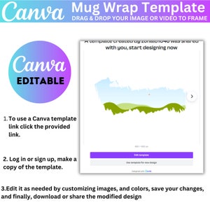 May include: A Canva template for a mug wrap design. The template features a landscape scene with green hills and a blue sky. The text "A template created by zonab1048 was shared with you, start designing now" is displayed above the design. The text "480 x 480 px" is displayed above the button "Edit template". The text "Use template for new design" is displayed below the button. The text "Designed with Canva" is displayed below the text "Use template for new design".