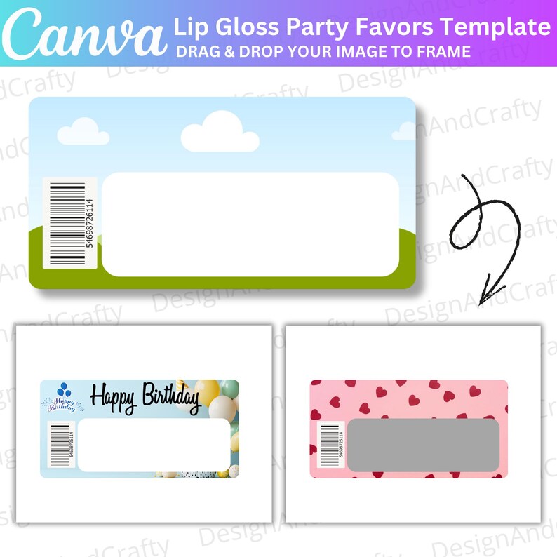 May include: A template for lip gloss party favors with a blue sky and green grass design. The template includes a space for a photo and a barcode. Additional templates feature a "Happy Birthday" theme and a pink heart pattern.