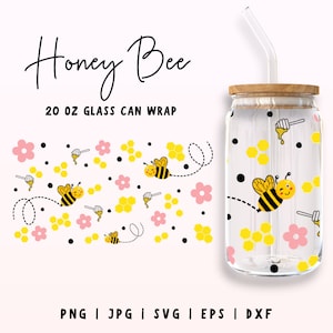 20oz HoneyBee Libbey Glass Can Svg, Honeycomb Glass Can Wrap, Bee Floral can Wrap, Bee and daisy Libbey glass svg, svg files for Cricut