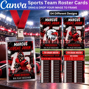 May include: A set of four sports team roster card templates featuring a red lanyard with a clear plastic badge holder. The designs include text such as Marcus Lucas John, Powerhouse, Big Play Receiver, 7th Grade Roster, and 2026 Schedule.