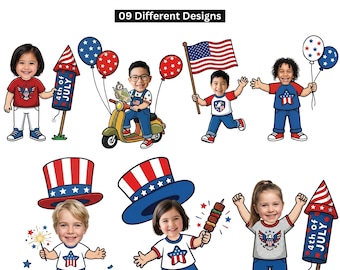 Paquete de pósteres infantiles con caras para el 4 de julio, 9 letreros recortables con fotos del Día de la Independencia, decoraciones imprimibles para fiestas patrióticas, descarga instantánea.