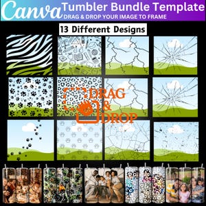 Op de afbeelding: Een set van 13 verschillende ontwerpen voor sublimatiebekers. De ontwerpen omvatten een zebrapatroon, schoolbenodigdheden, een gebarsten glaseffect, pootjes, luipaardprint en meer. De ontwerpen zijn klaar om te worden aangepast met uw eigen afbeeldingen.